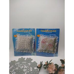 Vintage 1983 Candlewick 13"Lace Edge Pillow Kits, Home Sweet Home, Dresden Plate